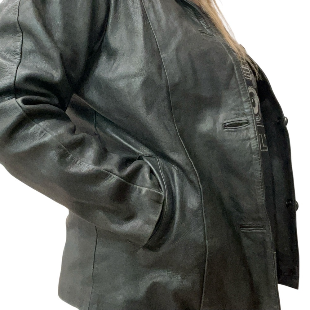 Black leather moto classic womenβs blazer jacket -M vintage - Picture 6 of 8